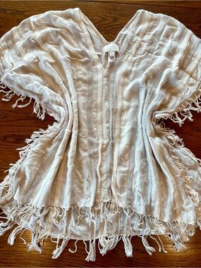 hinge Cream Fringed V-Neck Beach Coverup